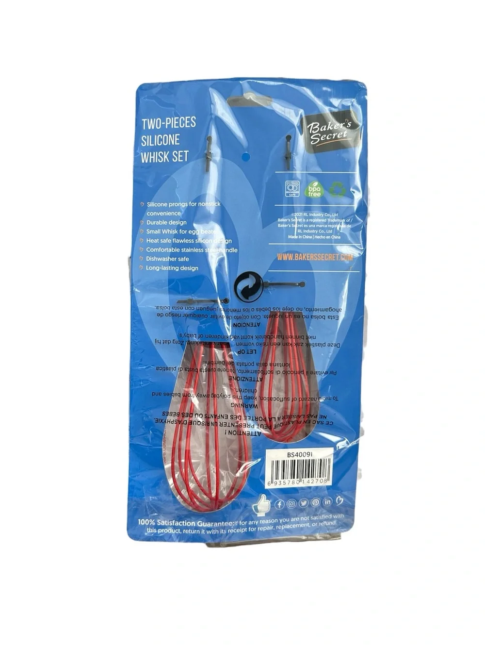 New Baker’s Secret Set Two Red Silicone Whisks Stainless Steel Handles SM & LG